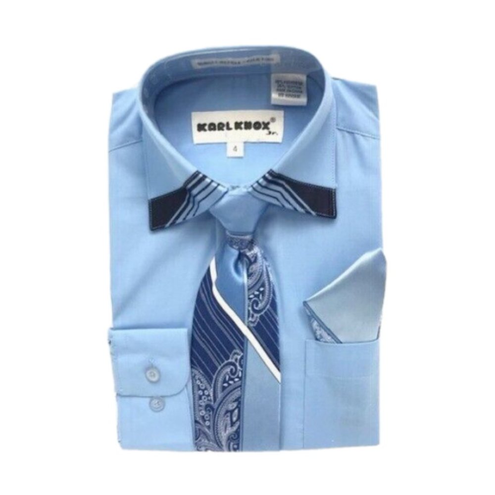 Karl Knox Boys Blue Dress Shirt Powder Blue Navy White Tie Hanky Sizes 4T or 4